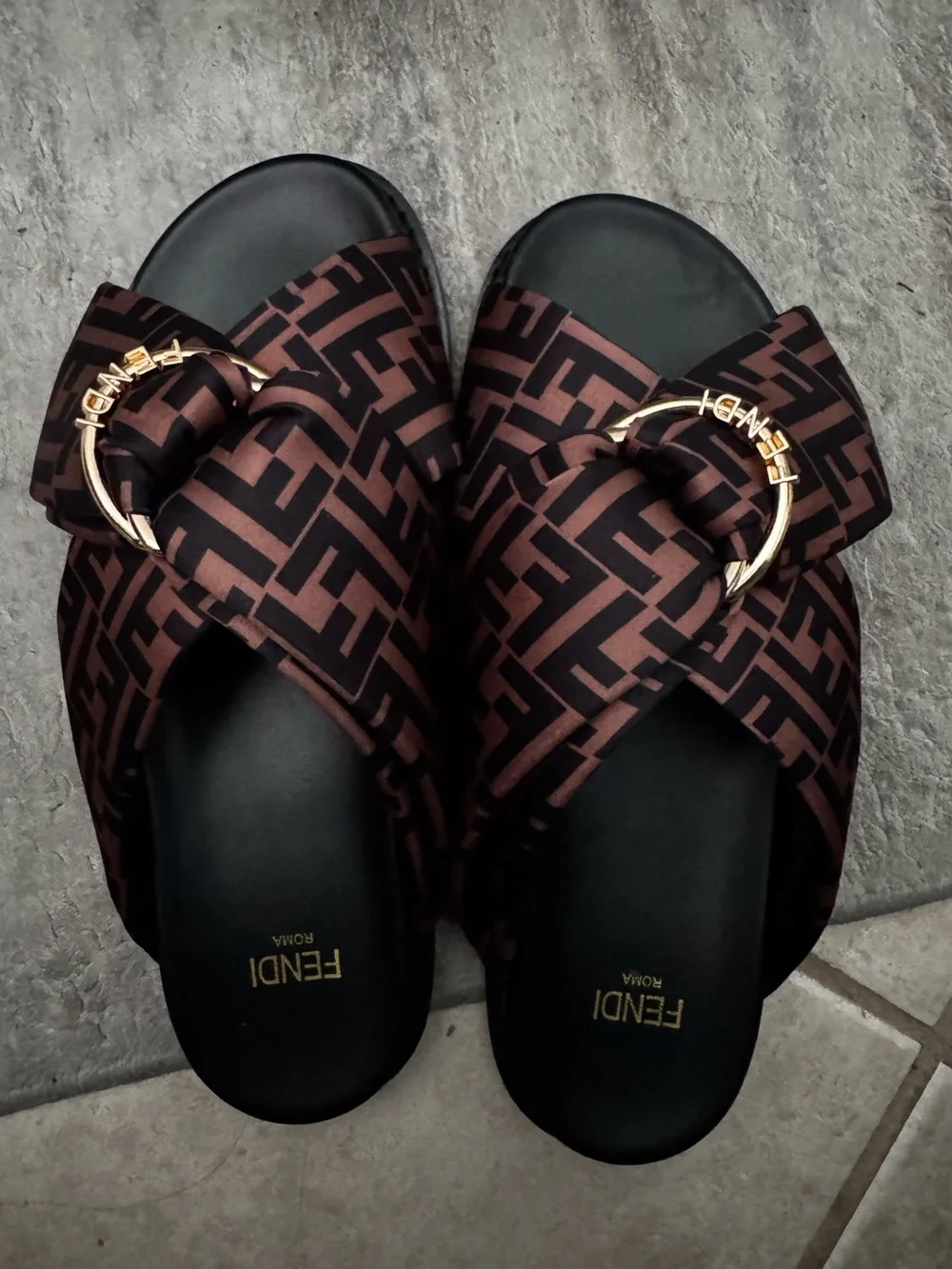 Fendi Brown and Black FF Logo Knot Slide Sandals with Gold Hardware - Picture 1 of 3